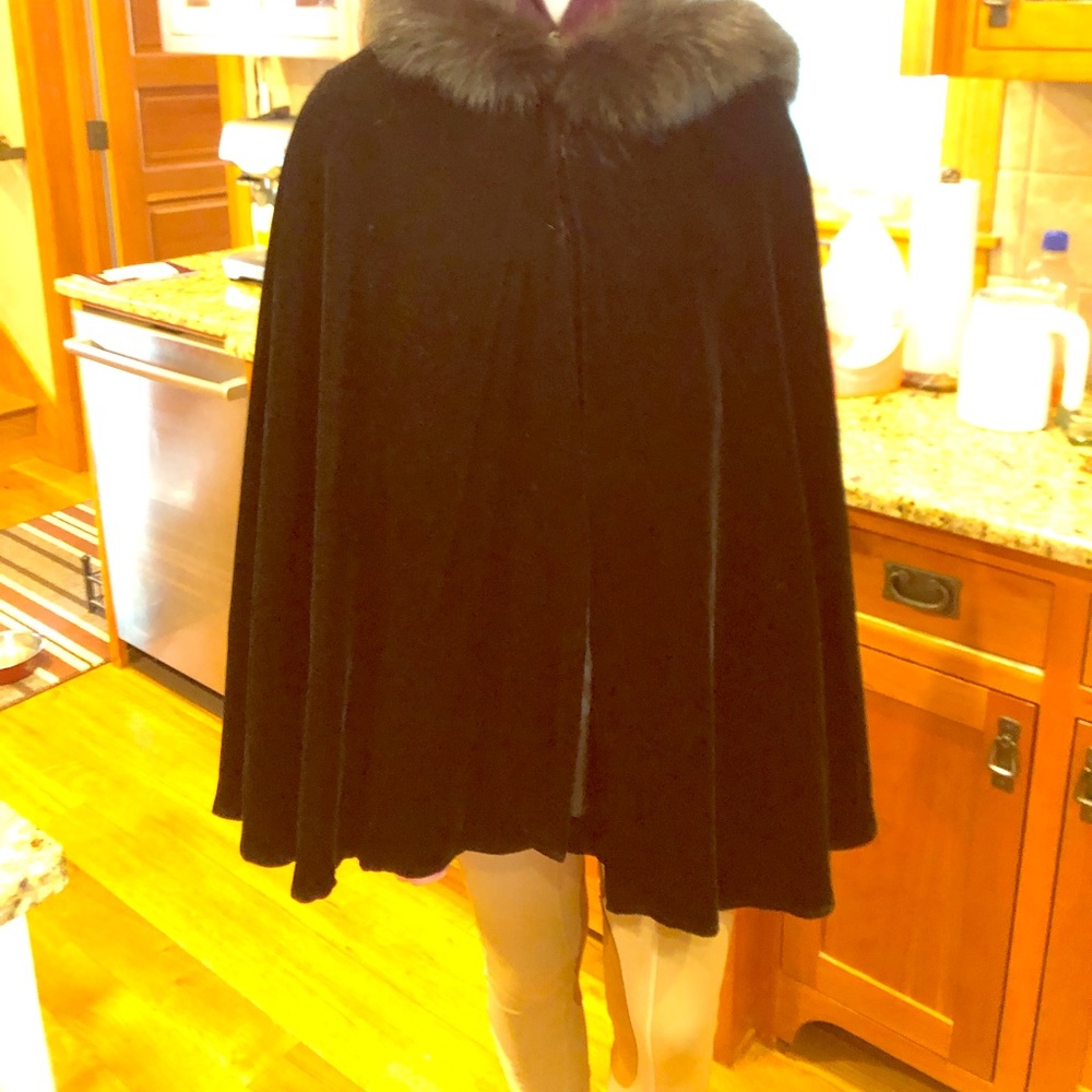 Velvet lined cape with fox trim on hood